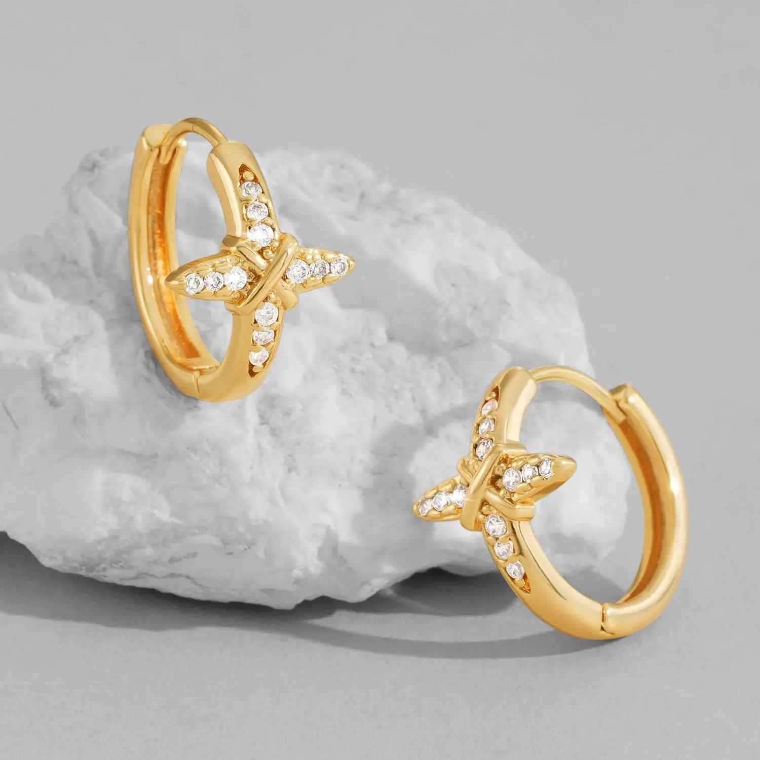 Dremmy Studios Dainty CZ Huggie Hoop Earrings 14K Gold Plated Chunky Simple Cute Thick Round Frill Bead Ball Starburst Cuff Earrings Cubic Zirconia Hoop Earrings Minimalist Personalized Gift for Her
