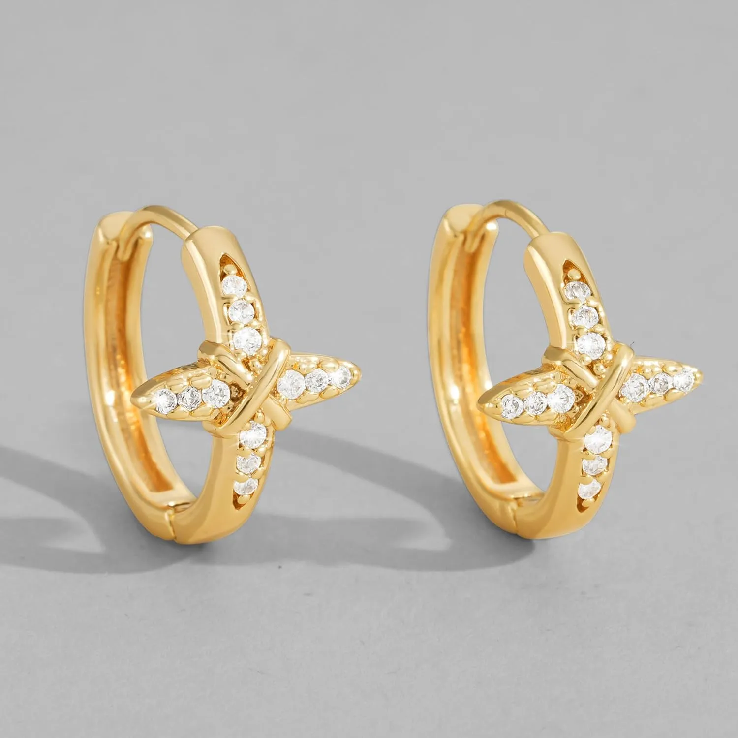 Dremmy Studios Dainty CZ Huggie Hoop Earrings 14K Gold Plated Chunky Simple Cute Thick Round Frill Bead Ball Starburst Cuff Earrings Cubic Zirconia Hoop Earrings Minimalist Personalized Gift for Her