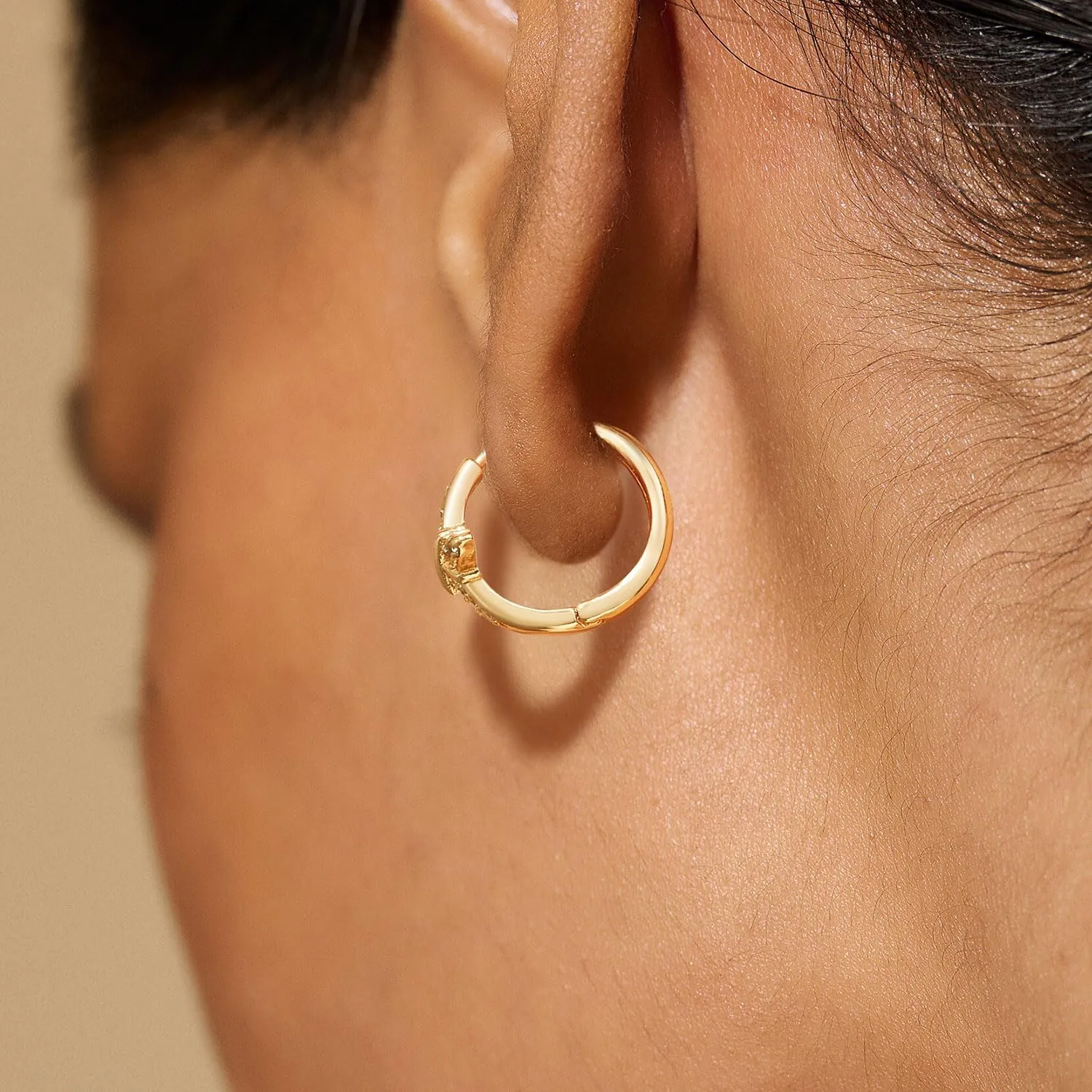 Dremmy Studios Dainty CZ Huggie Hoop Earrings 14K Gold Plated Chunky Simple Cute Thick Round Frill Bead Ball Starburst Cuff Earrings Cubic Zirconia Hoop Earrings Minimalist Personalized Gift for Her