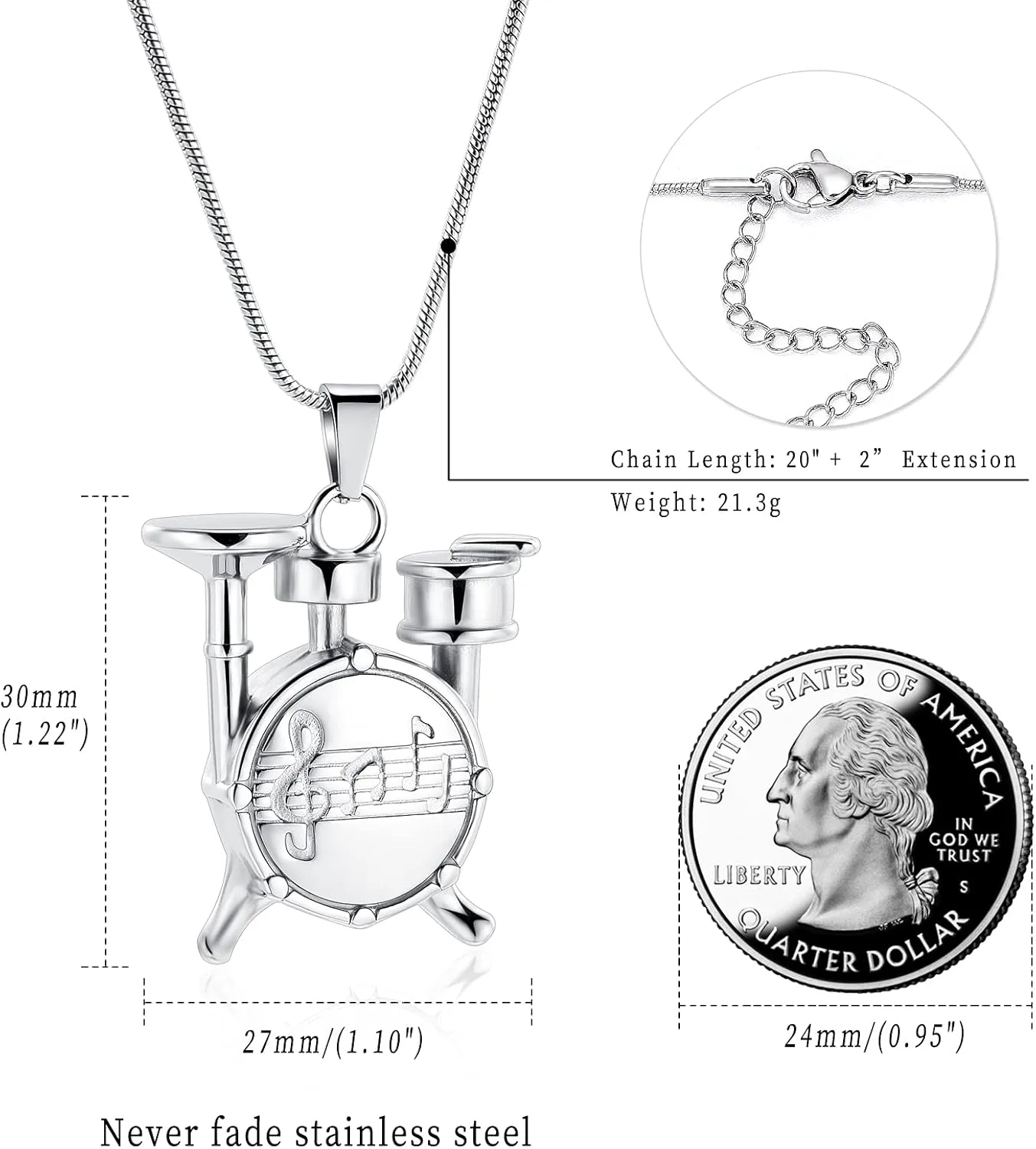 Drum Urn Necklace for Ashes Music Cremation Jewelry for Women Men Stainless Steel Memorial Necklaces Ash Holder for Human Pets Keepsake Jewelry for Loved Ones with Fill Tool