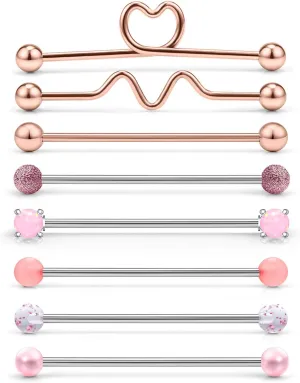 Dyknasz 8pcs 14G Stainless Steel Industrial Barbell Earrings Opal Cartilage Forward Helix Body Piercing Jewelry 38mm (1 1/2 Inch) Industrial Piercing