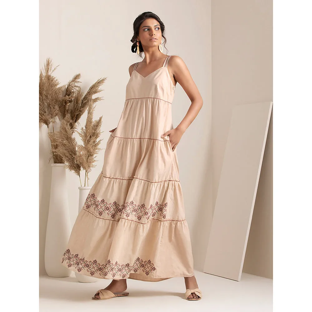 Earthen BY INDYA Beige Embroidered Tiered Maxi Dress