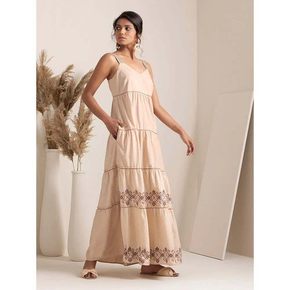 Earthen BY INDYA Beige Embroidered Tiered Maxi Dress