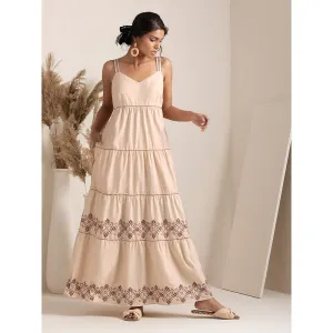 Earthen BY INDYA Beige Embroidered Tiered Maxi Dress