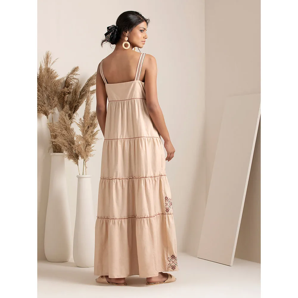 Earthen BY INDYA Beige Embroidered Tiered Maxi Dress