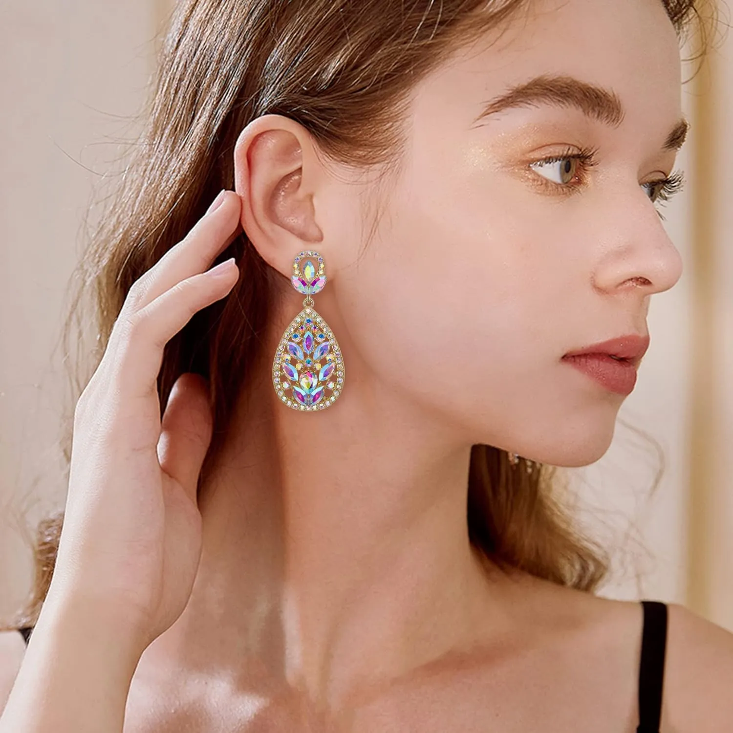 EleQueen Clip On Rhinestone Crystal Wedding Bridal Bohemia Teardrop Chandelier Dangle Earrings for Women
