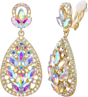 EleQueen Clip On Rhinestone Crystal Wedding Bridal Bohemia Teardrop Chandelier Dangle Earrings for Women