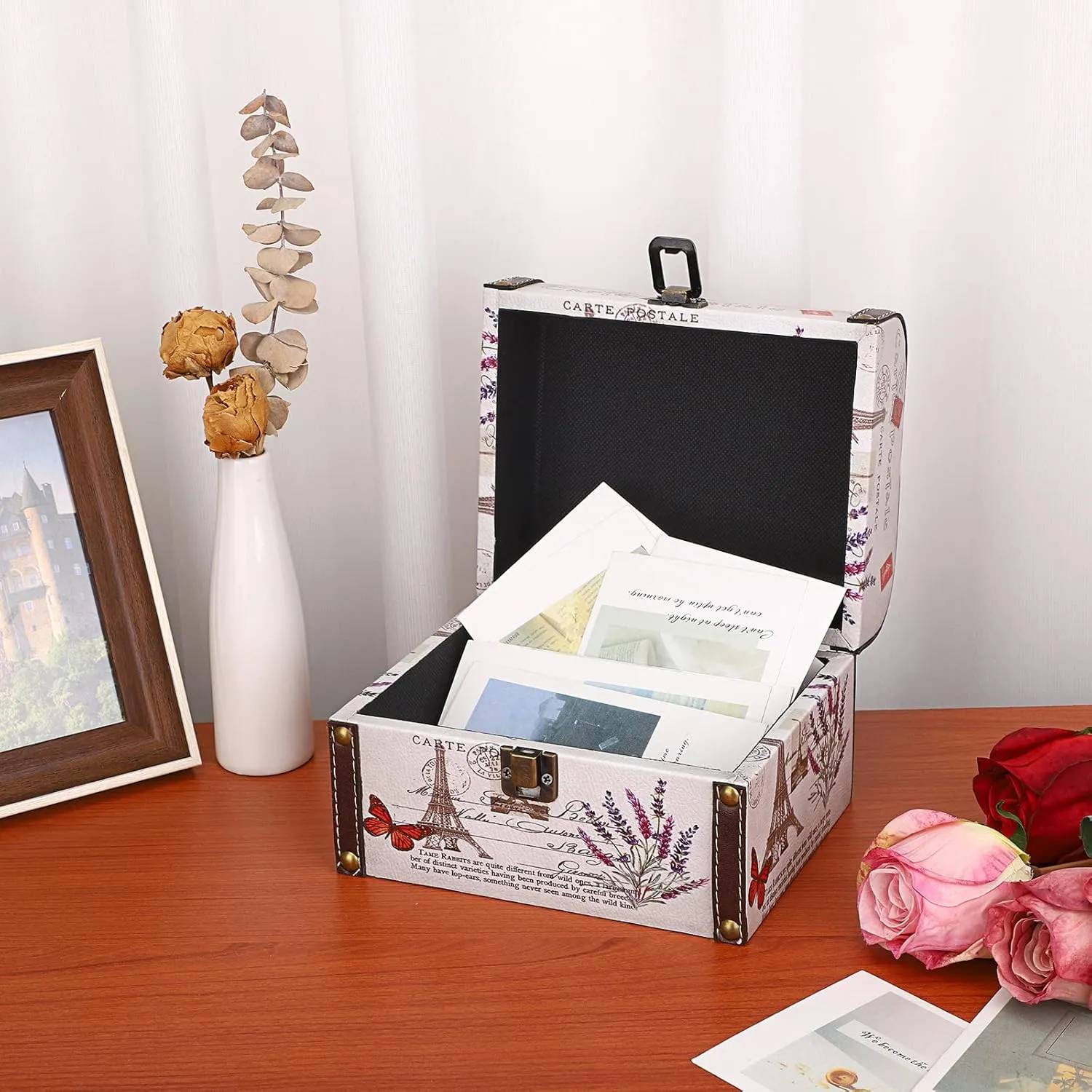 ELLDOO Decorative Treasure Chest Box, Wooden   PU Leather Storage Box for Jewelry Trinkets, Keepsakes box for Girls Women Gifts (Tower   Lavender Pattern)