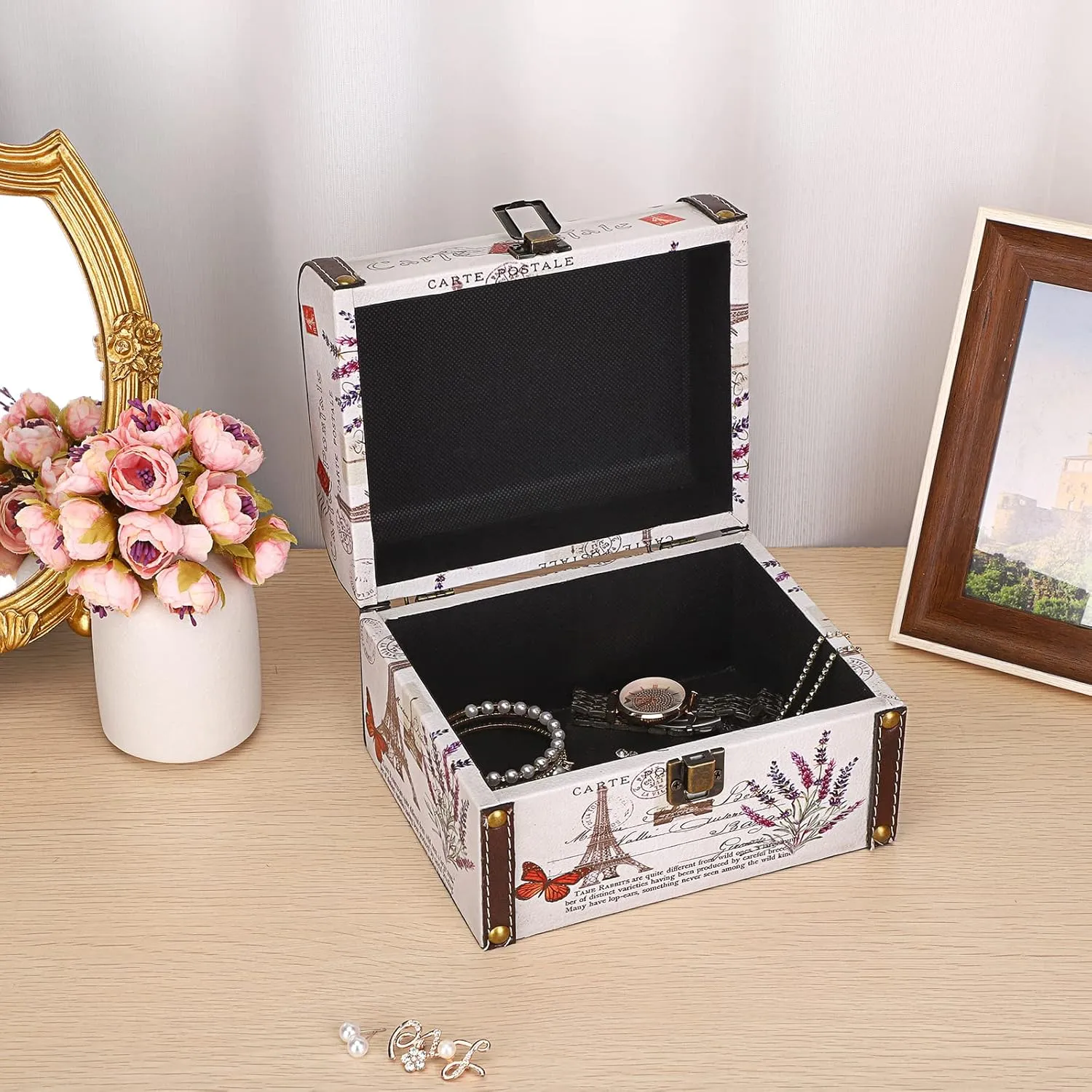 ELLDOO Decorative Treasure Chest Box, Wooden   PU Leather Storage Box for Jewelry Trinkets, Keepsakes box for Girls Women Gifts (Tower   Lavender Pattern)