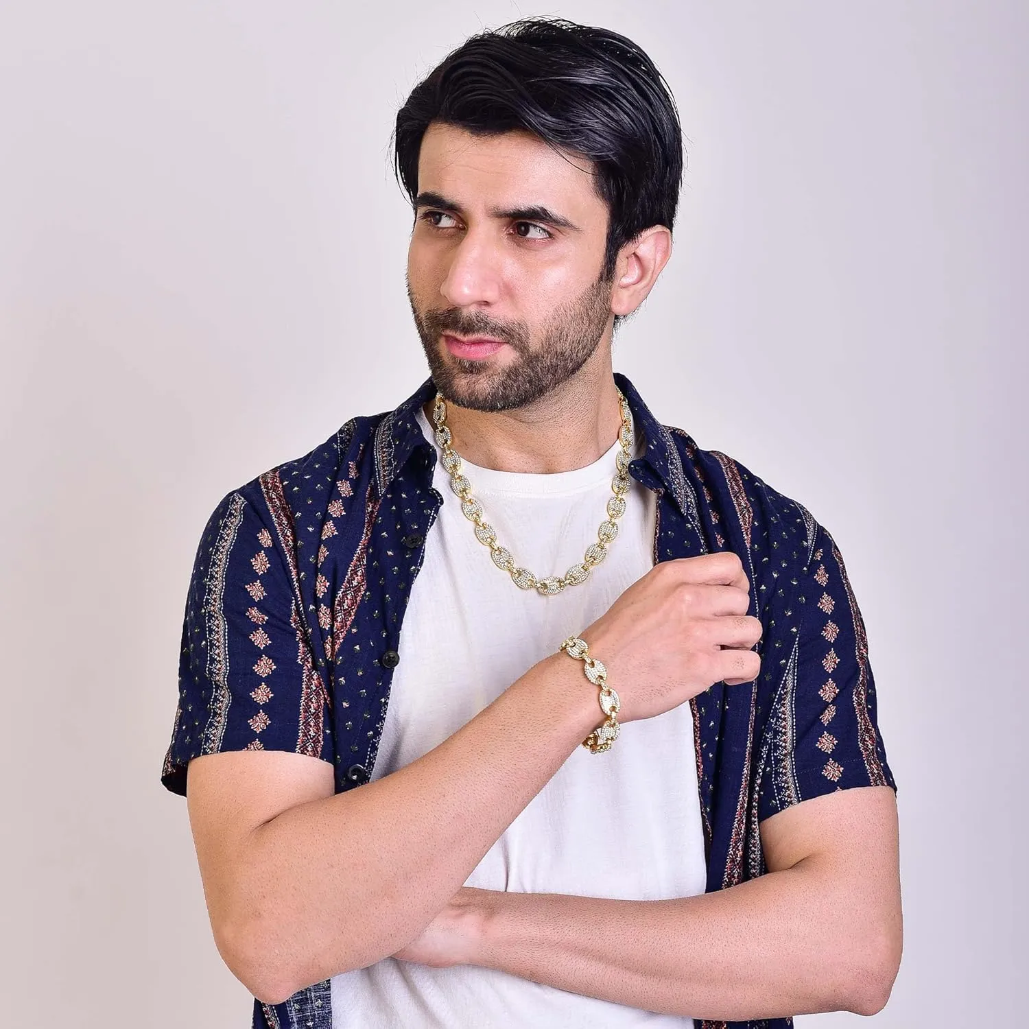EMESLY Solid Miami Cuban Link Chain Gold/Silver Necklace (16, 18, 20, 22, 24, 30 Inches Length); Hip Hop Bracelet (8" Length) for Men & Women; Perfect Iced Out Bling Jewelry Gift