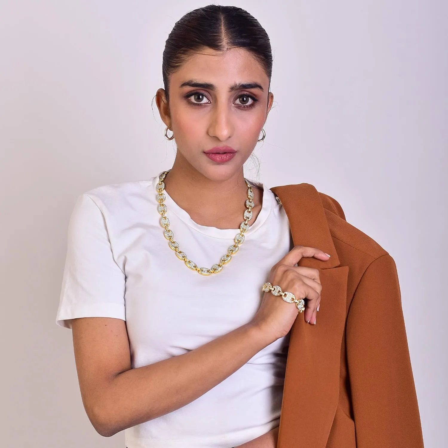 EMESLY Solid Miami Cuban Link Chain Gold/Silver Necklace (16, 18, 20, 22, 24, 30 Inches Length); Hip Hop Bracelet (8" Length) for Men & Women; Perfect Iced Out Bling Jewelry Gift