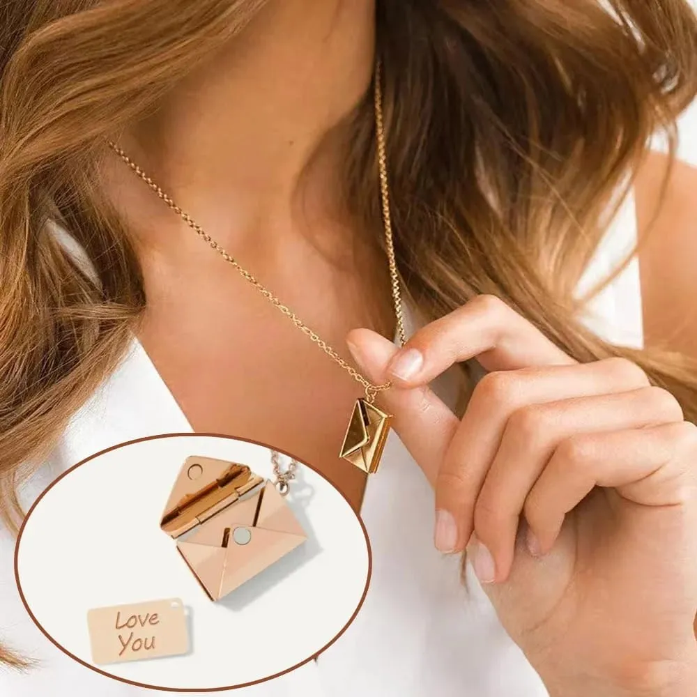 Envelope Love Letter Necklace for Women, Stainless Steel Love You Locket Jewelry, Pendant