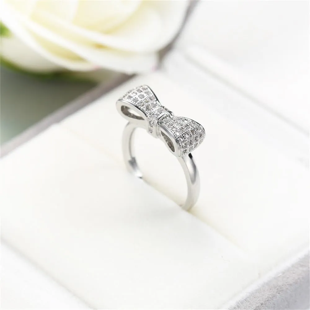 Fashion 925 Sterling Silver Women's Ring Shiny Bow-Knot Zircon Full Diamond Princess Ring Propose Engagement Wedding Band Gemstone Ring Cocktail Christmas Party Crystal Hollow Ring HM245 (7)