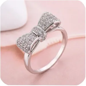 Fashion 925 Sterling Silver Women's Ring Shiny Bow-Knot Zircon Full Diamond Princess Ring Propose Engagement Wedding Band Gemstone Ring Cocktail Christmas Party Crystal Hollow Ring HM245 (7)