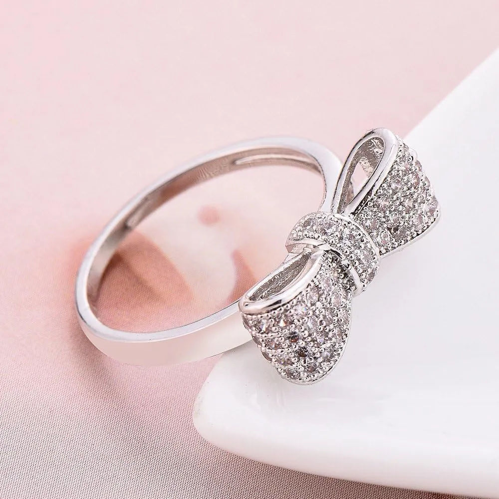 Fashion 925 Sterling Silver Women's Ring Shiny Bow-Knot Zircon Full Diamond Princess Ring Propose Engagement Wedding Band Gemstone Ring Cocktail Christmas Party Crystal Hollow Ring HM245 (7)