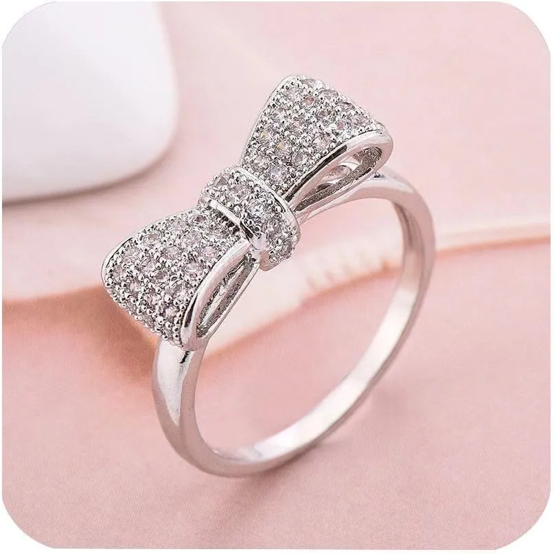 Fashion 925 Sterling Silver Women's Ring Shiny Bow-Knot Zircon Full Diamond Princess Ring Propose Engagement Wedding Band Gemstone Ring Cocktail Christmas Party Crystal Hollow Ring HM245 (7)