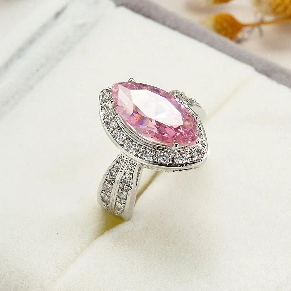 Fashion Womens 925 Sterling Silver Marquise Ring Shiny Horse Eye Sapphire Ring CZ Pink Zircon Diamond Blue Gemstone Promise Ring Eternity Engagement Wedding Band Ring for Women ST.265