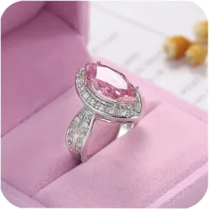Fashion Womens 925 Sterling Silver Marquise Ring Shiny Horse Eye Sapphire Ring CZ Pink Zircon Diamond Blue Gemstone Promise Ring Eternity Engagement Wedding Band Ring for Women ST.265