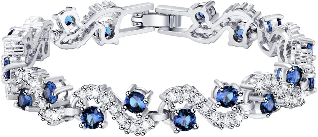 Feraco Blue Tennis Cubic Zirconia Bracelet for Mom Daughter Womens Classic 14K Plated Sapphire Bangle Crystal Valentine's Day Jewelry Gifts