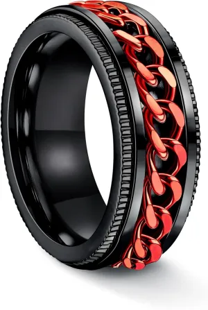 FIBO STEEL Stainless Steel Fidget Mens Rings - Spinner Ring for Men Women Anxiety Rings Chain Black Wedding Band 8mm Size 7-14