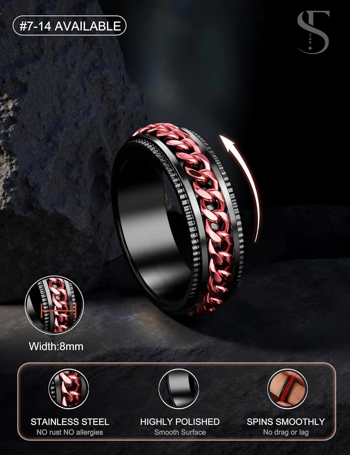 FIBO STEEL Stainless Steel Fidget Mens Rings - Spinner Ring for Men Women Anxiety Rings Chain Black Wedding Band 8mm Size 7-14