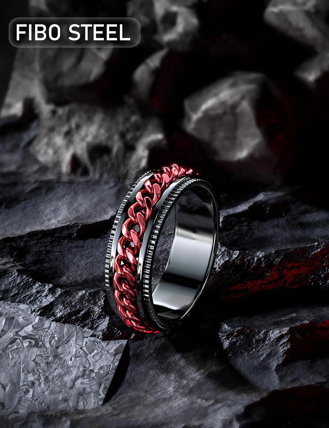 FIBO STEEL Stainless Steel Fidget Mens Rings - Spinner Ring for Men Women Anxiety Rings Chain Black Wedding Band 8mm Size 7-14