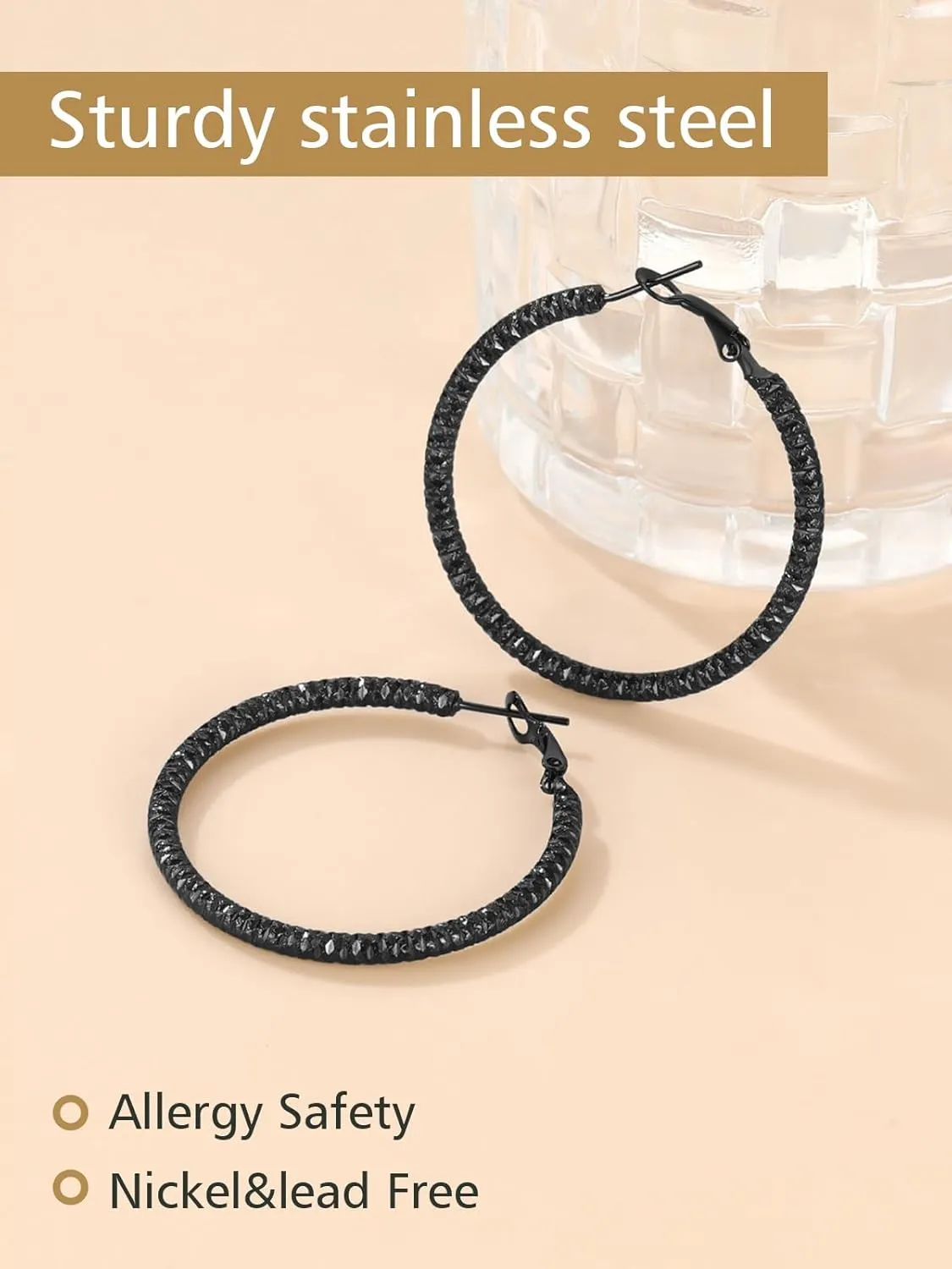 FindChic Stainless Steel Hammered Hoop Earrings for Women Gold Plated/Black 30mm/40mm/60mm/80mm/100mm 5 Sizes Large Ear Hoops, with Gift Box