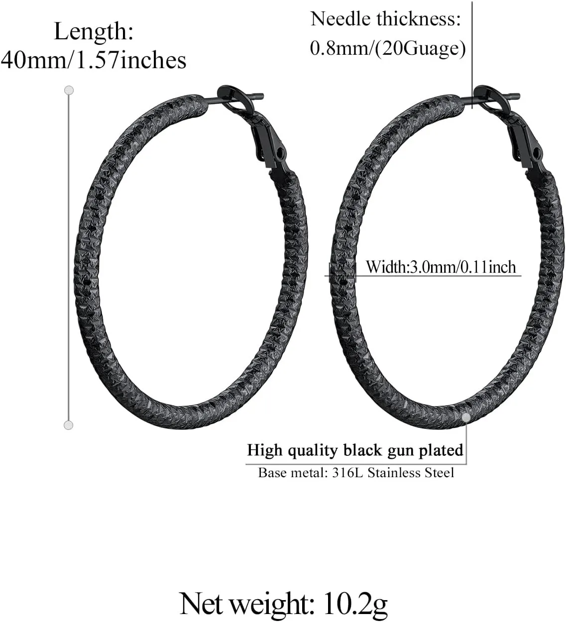 FindChic Stainless Steel Hammered Hoop Earrings for Women Gold Plated/Black 30mm/40mm/60mm/80mm/100mm 5 Sizes Large Ear Hoops, with Gift Box