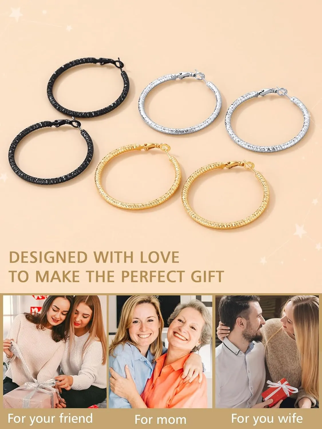 FindChic Stainless Steel Hammered Hoop Earrings for Women Gold Plated/Black 30mm/40mm/60mm/80mm/100mm 5 Sizes Large Ear Hoops, with Gift Box