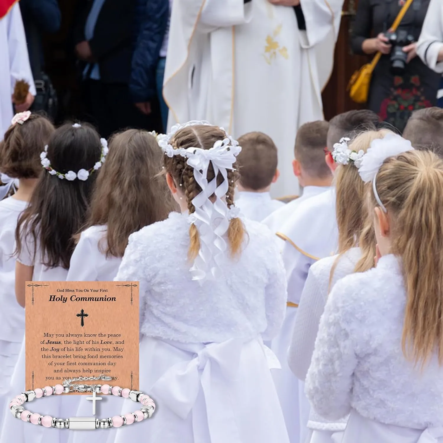 First Communion Baptism Confirmation Easter Basket Stuffers Gifts for Teenage Girls -Cross Beaded Bracelet for Girls Daughter Granddaughter Niece Sister with Baptism First Communion Confirmation Card