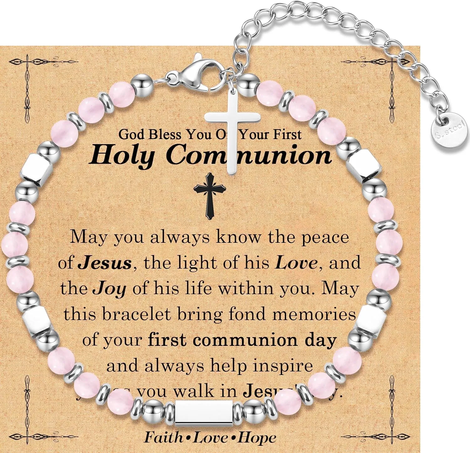 First Communion Baptism Confirmation Easter Basket Stuffers Gifts for Teenage Girls -Cross Beaded Bracelet for Girls Daughter Granddaughter Niece Sister with Baptism First Communion Confirmation Card