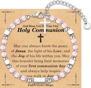 First Communion Baptism Confirmation Easter Basket Stuffers Gifts for Teenage Girls -Cross Beaded Bracelet for Girls Daughter Granddaughter Niece Sister with Baptism First Communion Confirmation Card