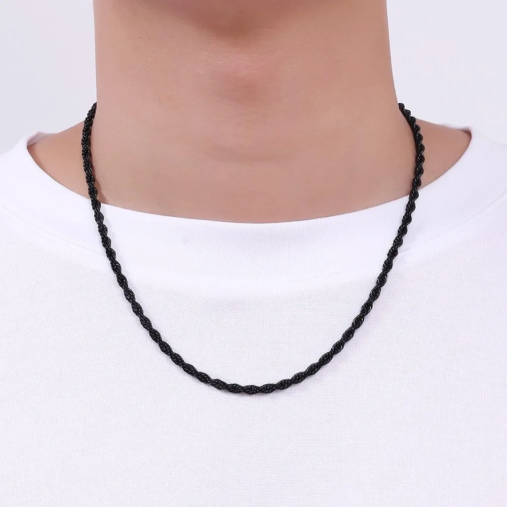 Fiusem Black Rope Chain for Men, Stainless Steel Necklace for Men and Women, Rope Chain18-28 Inches