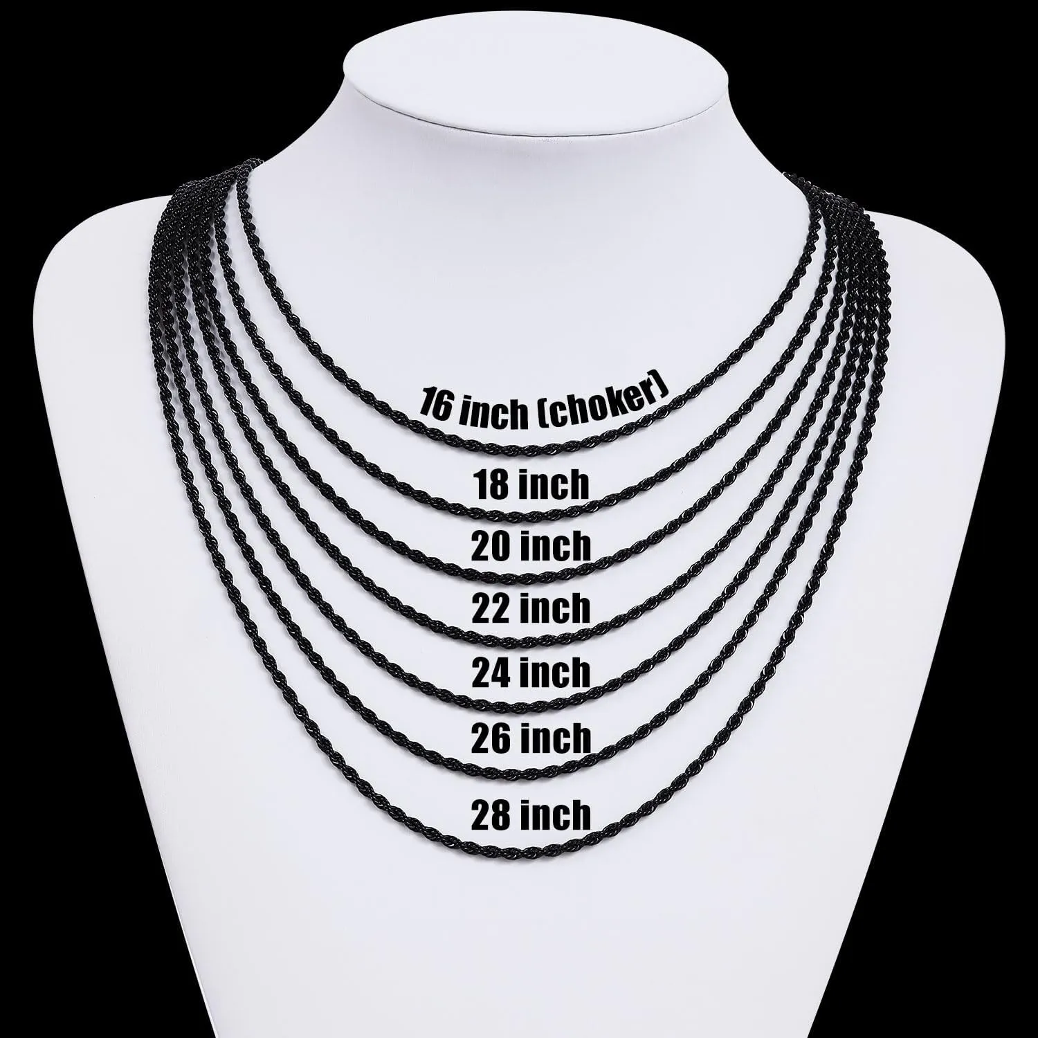 Fiusem Black Rope Chain for Men, Stainless Steel Necklace for Men and Women, Rope Chain18-28 Inches