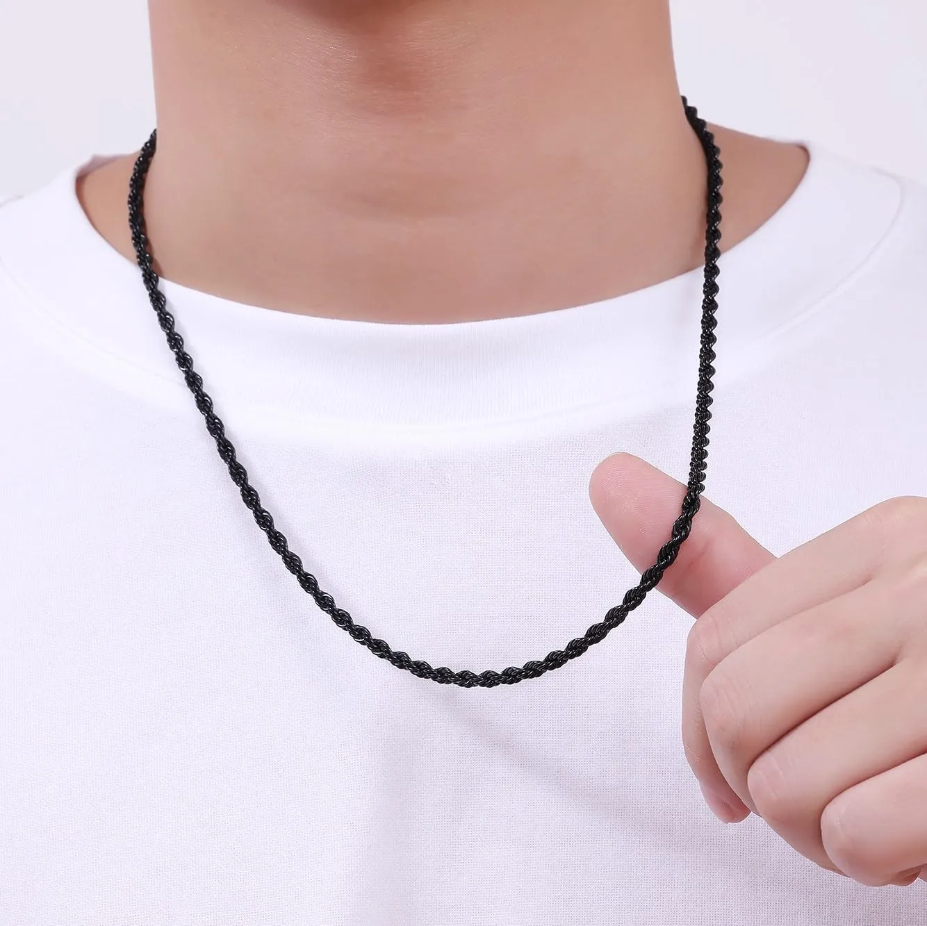 Fiusem Black Rope Chain for Men, Stainless Steel Necklace for Men and Women, Rope Chain18-28 Inches