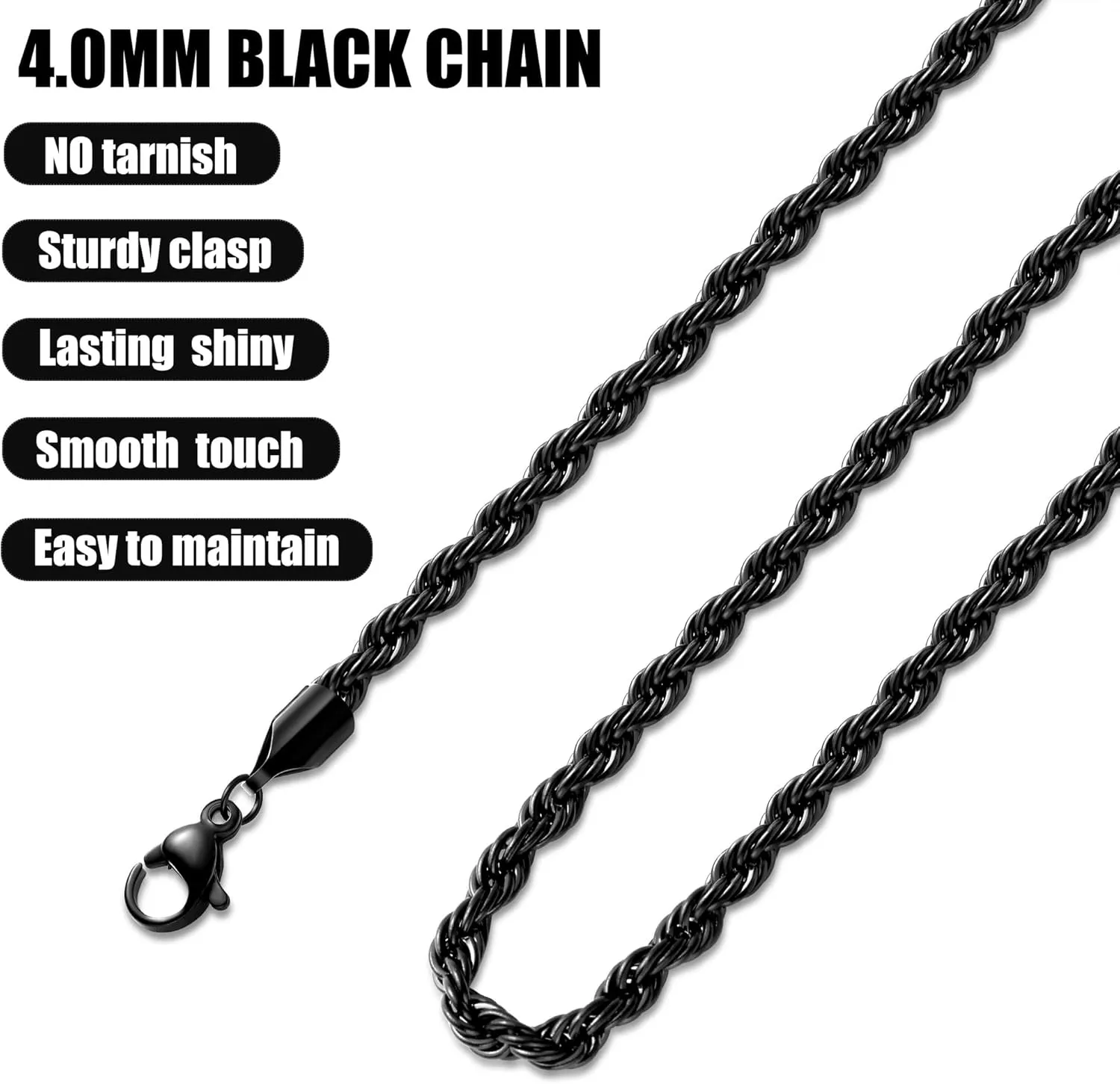 Fiusem Black Rope Chain for Men, Stainless Steel Necklace for Men and Women, Rope Chain18-28 Inches