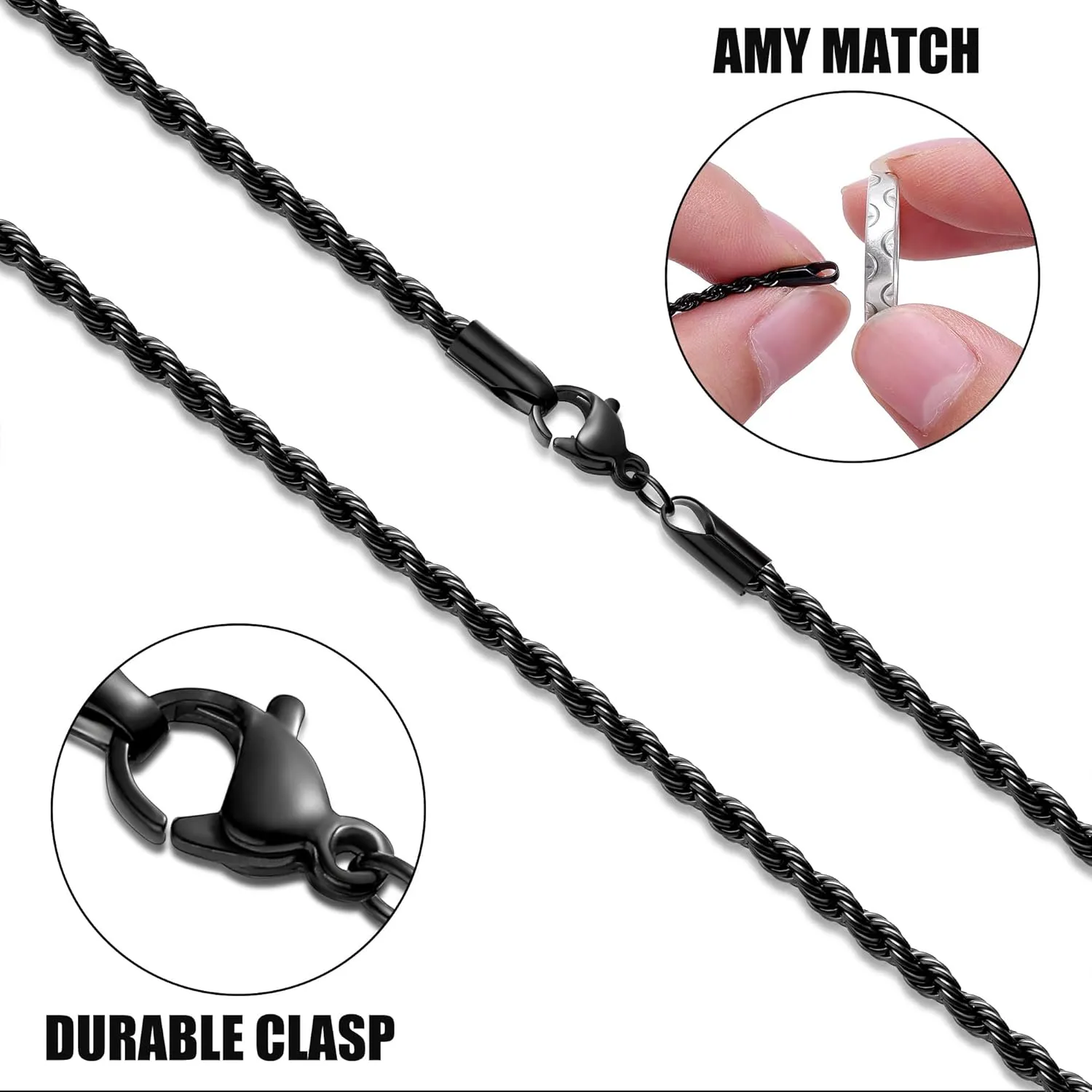 Fiusem Black Rope Chain for Men, Stainless Steel Necklace for Men and Women, Rope Chain18-28 Inches