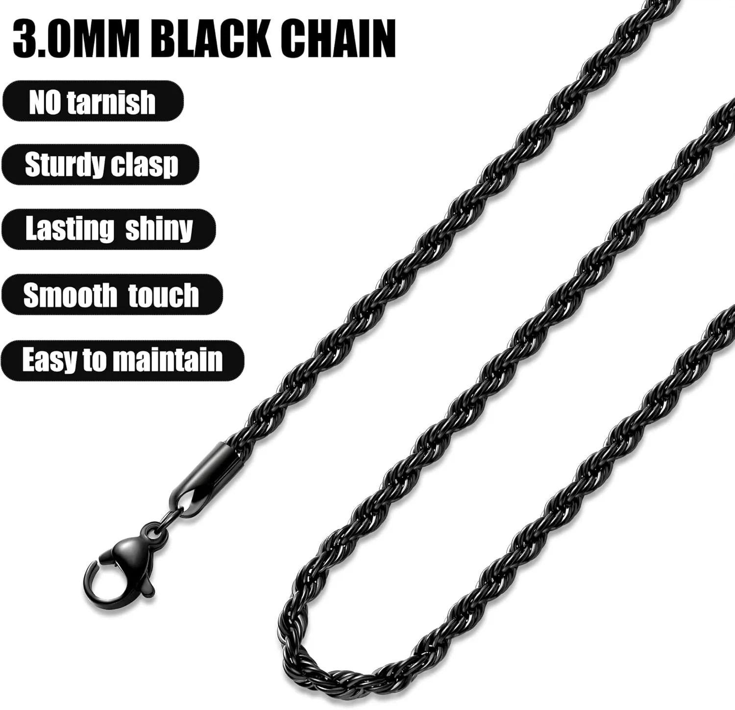 Fiusem Black Rope Chain for Men, Stainless Steel Necklace for Men and Women, Rope Chain18-28 Inches