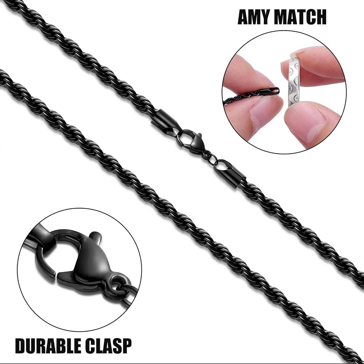 Fiusem Black Rope Chain for Men, Stainless Steel Necklace for Men and Women, Rope Chain18-28 Inches
