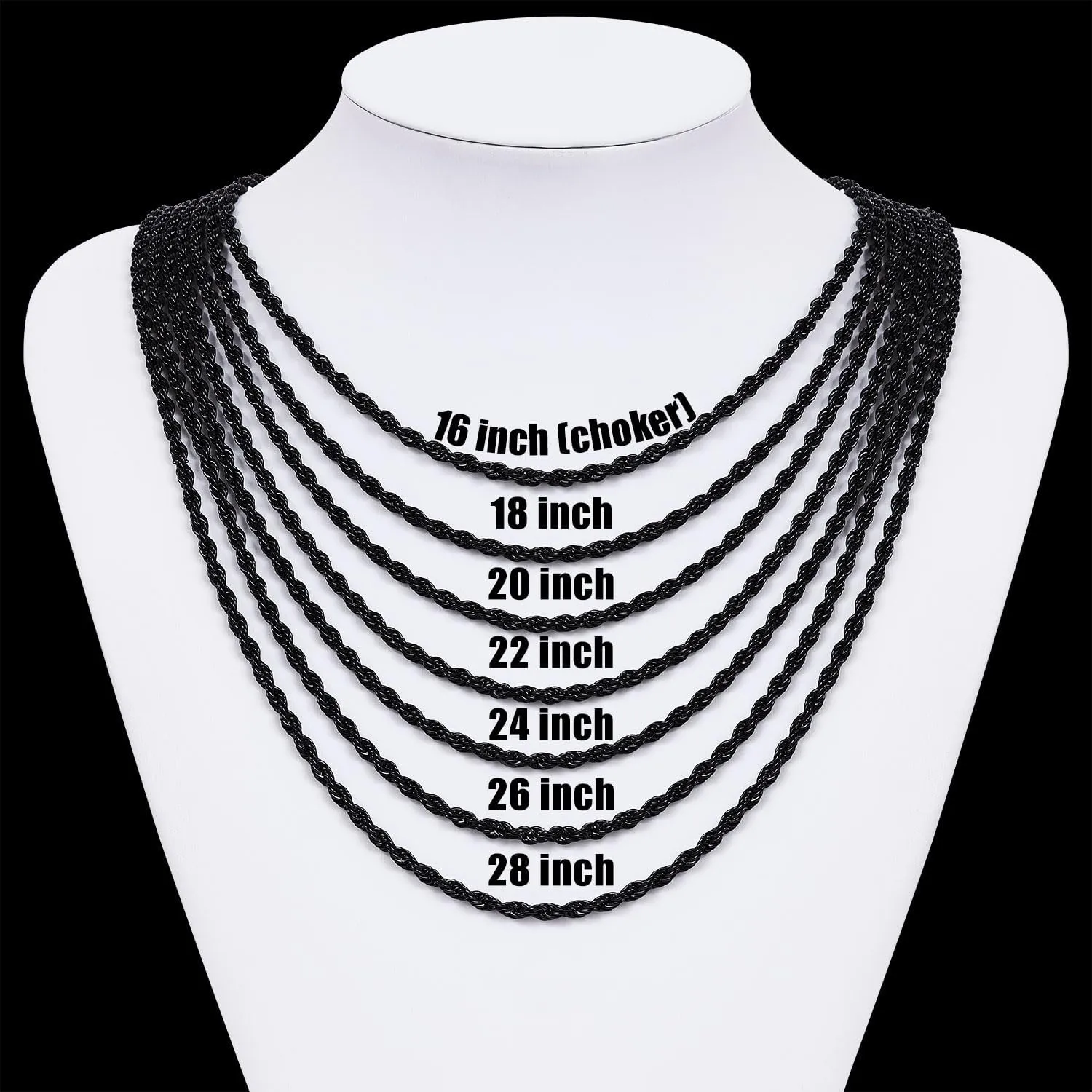 Fiusem Black Rope Chain for Men, Stainless Steel Necklace for Men and Women, Rope Chain18-28 Inches
