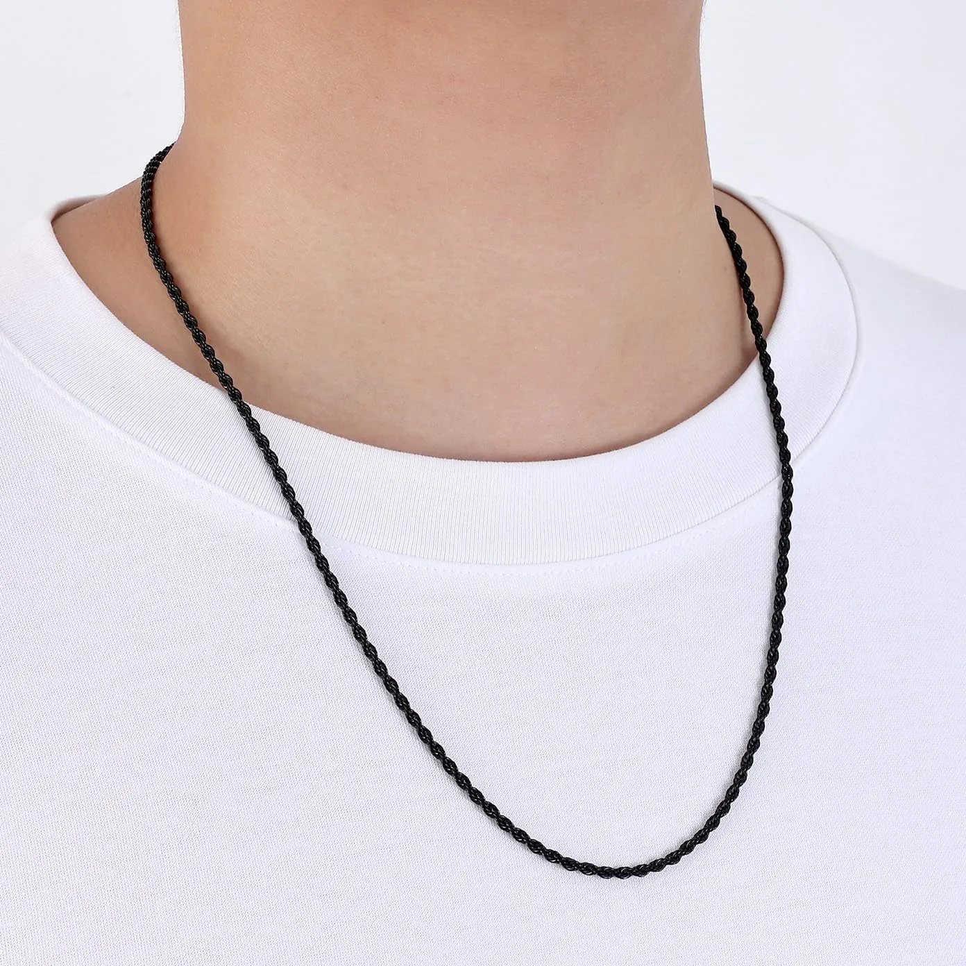 Fiusem Black Rope Chain for Men, Stainless Steel Necklace for Men and Women, Rope Chain18-28 Inches