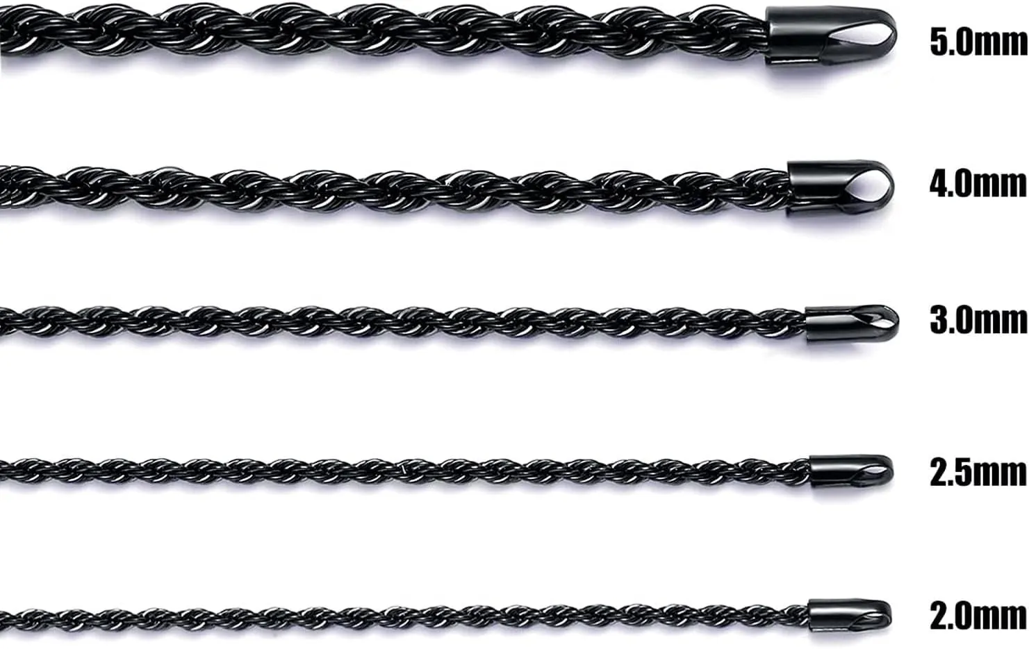 Fiusem Black Rope Chain for Men, Stainless Steel Necklace for Men and Women, Rope Chain18-28 Inches