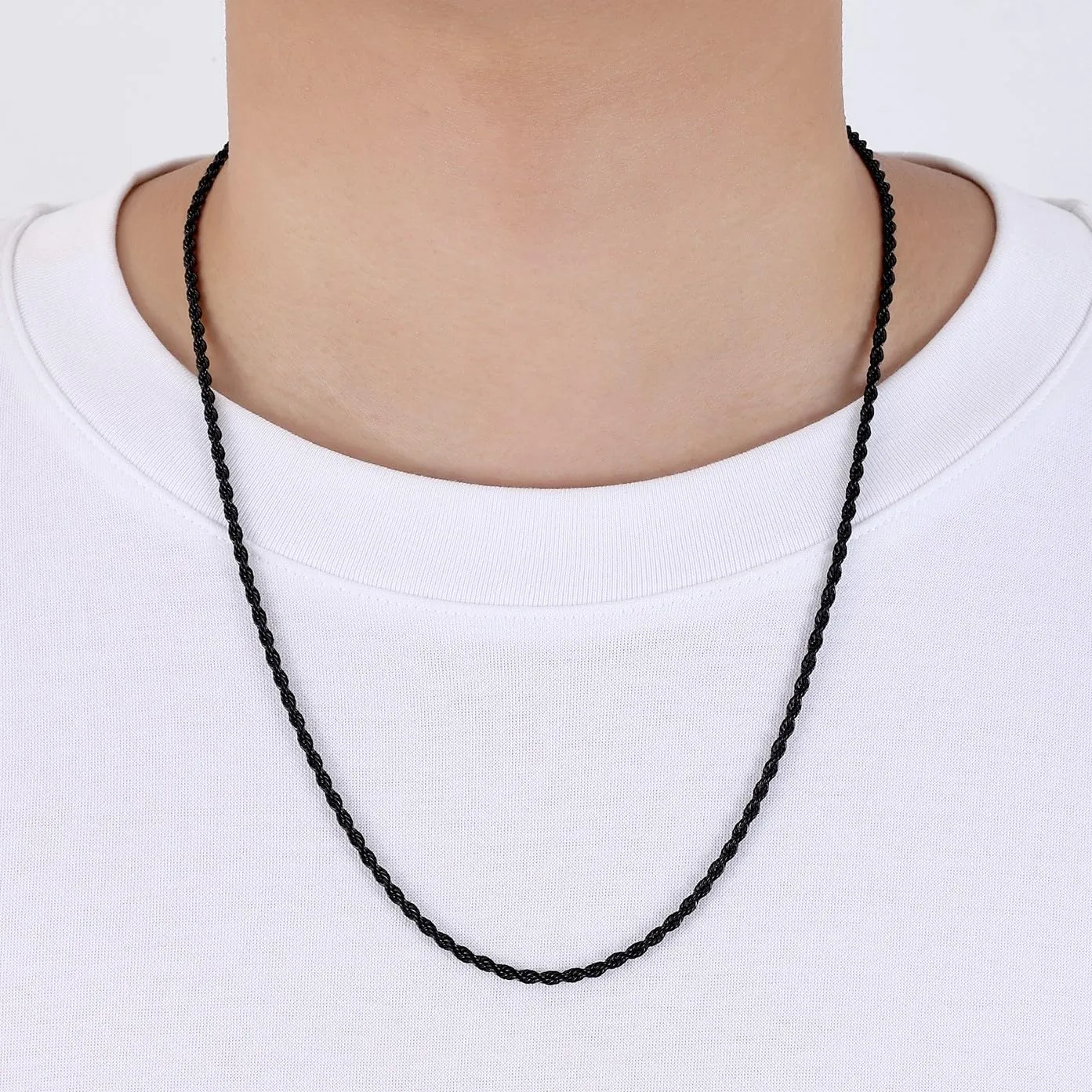 Fiusem Black Rope Chain for Men, Stainless Steel Necklace for Men and Women, Rope Chain18-28 Inches