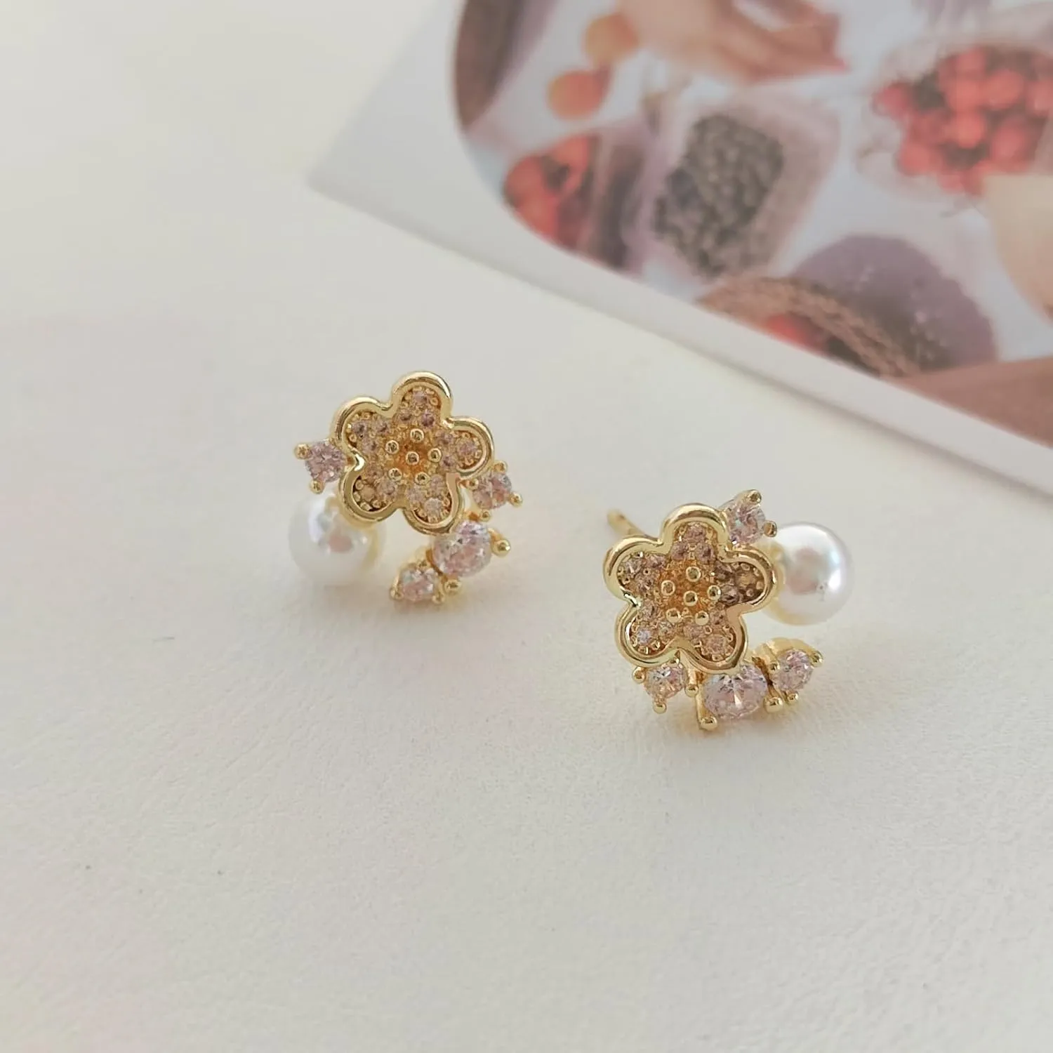 Flat Back Diamond Stud Earrings for Women 14k Gold Plated Minimalist Earrinngs, Hypoallergenic Silver Post Dainty Cute Cartilage CZ Earrings Jewelry Gifts Cherry/Flower/Butterfly/Drop/Pearl