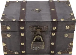 FLAVAS Jewelry Box, Alloy Tipping Durable Wood Vintage Jewelry Box Home Decoration Ornament Vintage Style Wooden Treasure Chest with Coded Lock