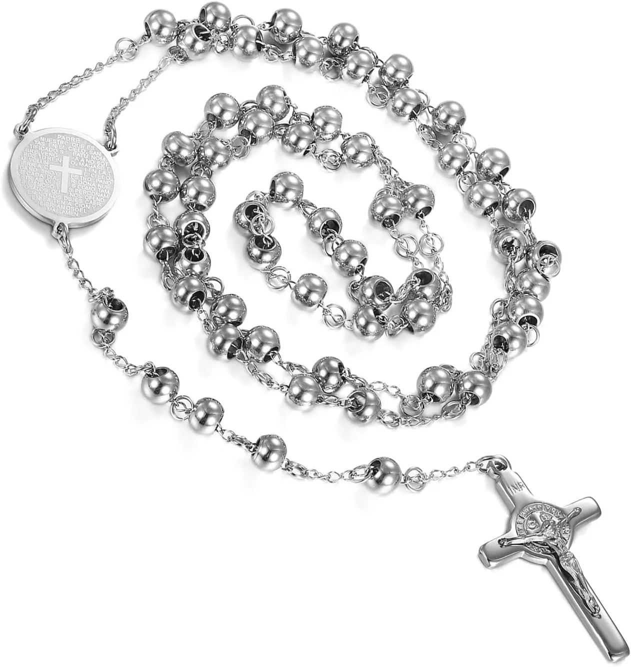 Flongo Mens Women Vintage Jesus Christ Crucifix Stainless Steel Cross Rosary Beads Pendant Necklace, 29 inch Chain