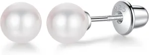Freshwater Pearl Earrings with Screw Back for Women 925 Sterling Silver Sensitive Genuine 6mm White Real Round Cultured Pearls Stud Everyday Earrings Studs Ladies (screw back-6mm)