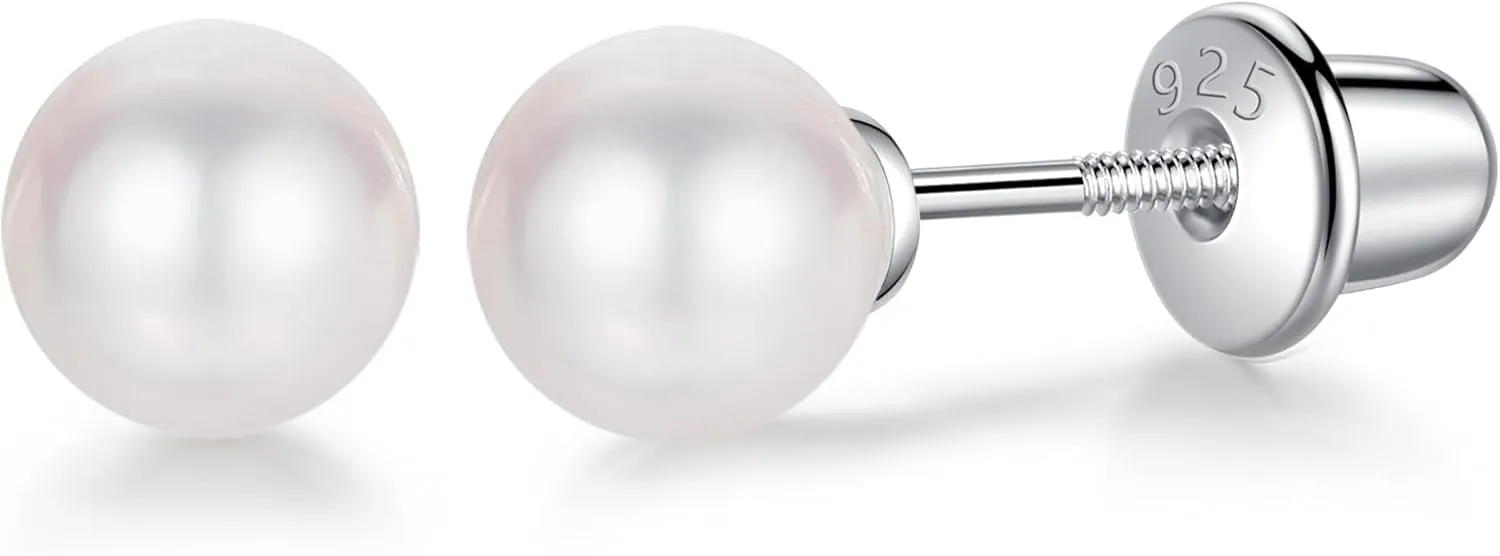 Freshwater Pearl Earrings with Screw Back for Women 925 Sterling Silver Sensitive Genuine 6mm White Real Round Cultured Pearls Stud Everyday Earrings Studs Ladies (screw back-6mm)