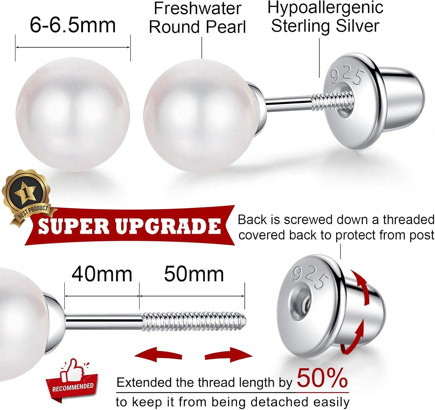 Freshwater Pearl Earrings with Screw Back for Women 925 Sterling Silver Sensitive Genuine 6mm White Real Round Cultured Pearls Stud Everyday Earrings Studs Ladies (screw back-6mm)