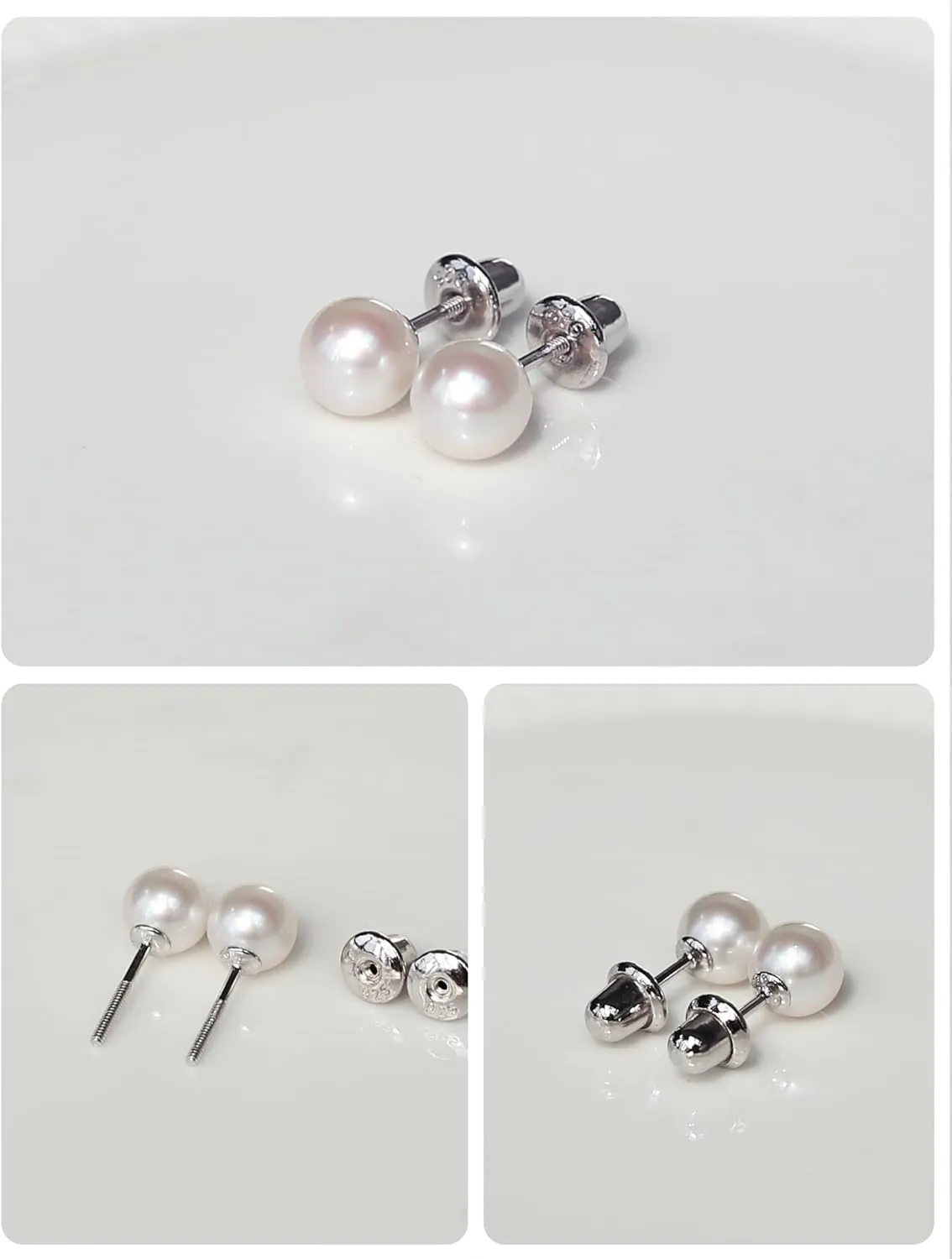 Freshwater Pearl Earrings with Screw Back for Women 925 Sterling Silver Sensitive Genuine 6mm White Real Round Cultured Pearls Stud Everyday Earrings Studs Ladies (screw back-6mm)